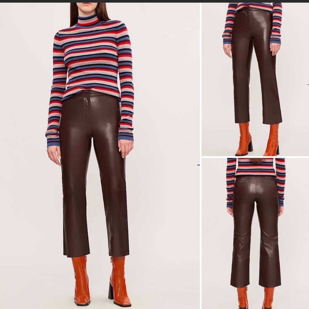 Sandro | Lambskin Leather Brown Boreales High Rise Straight Leg Trousers Pants